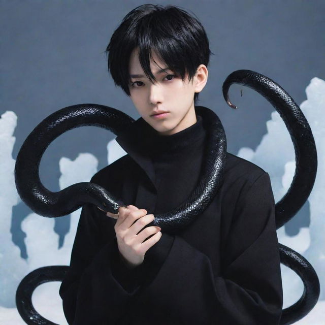 Anime boy dressed in black aesthetic clothes holding a snake made of ice.