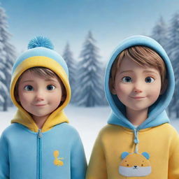 3D illustration of a male and female animated character. The boy is named 'Josh' and the girl 'Moni'. They're dressed in light blue hoodies with their respective names written on them in Yellow. The setting is the winter season.