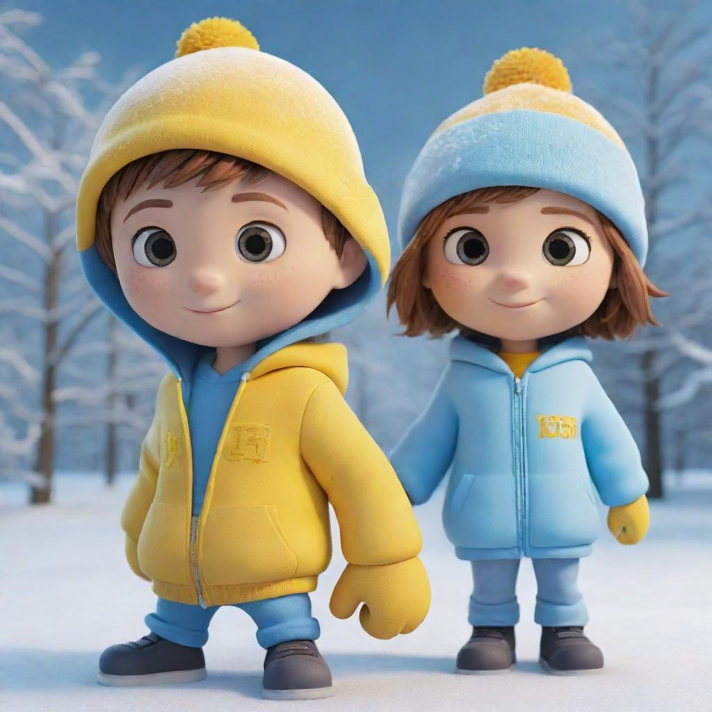 3D illustration of a male and female animated character. The boy is named 'Josh' and the girl 'Moni'. They're dressed in light blue hoodies with their respective names written on them in Yellow. The setting is the winter season.