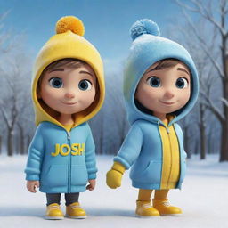 3D illustration of a male and female animated character. The boy is named 'Josh' and the girl 'Moni'. They're dressed in light blue hoodies with their respective names written on them in Yellow. The setting is the winter season.