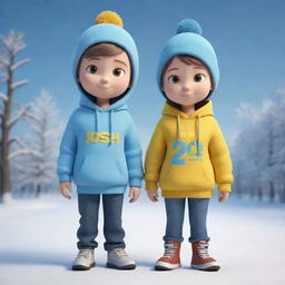 3D illustration of a male and female animated character. The boy is named 'Josh' and the girl 'Moni'. They're dressed in light blue hoodies with their respective names written on them in Yellow. The setting is the winter season.