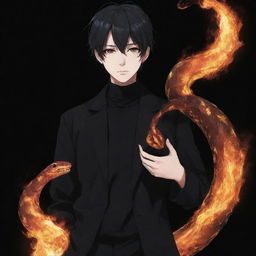 Anime boy dressed in black aesthetic clothes holding a snake made of fire.