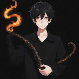 Anime boy dressed in black aesthetic clothes holding a snake made of fire.