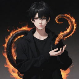 Anime boy dressed in black aesthetic clothes holding a snake made of fire.