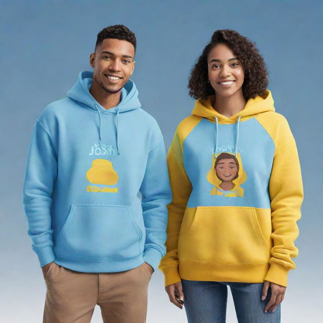 Generate a 3D illustration of a male and female animated character. Both are wearing light blue hoodies, each bearing their name 'Josh' and 'Moni' in yellow text. The background depicts the winter season.