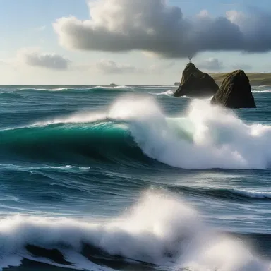 The movie depicted a magnificent oceanic scene, with crashing waves and a never-ending expanse of water.