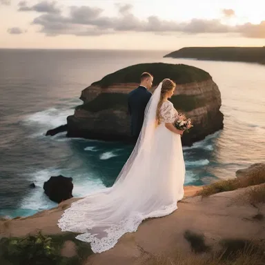 As they stood on the cliff's edge, they were mesmerized by the oceanic beauty of the sunset, creating the perfect romantic moment.