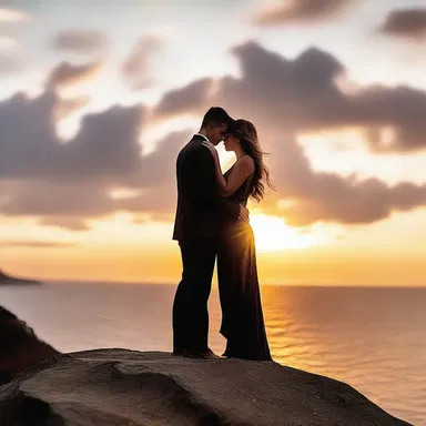 As they stood on the cliff's edge, they were mesmerized by the oceanic beauty of the sunset, creating the perfect romantic moment.