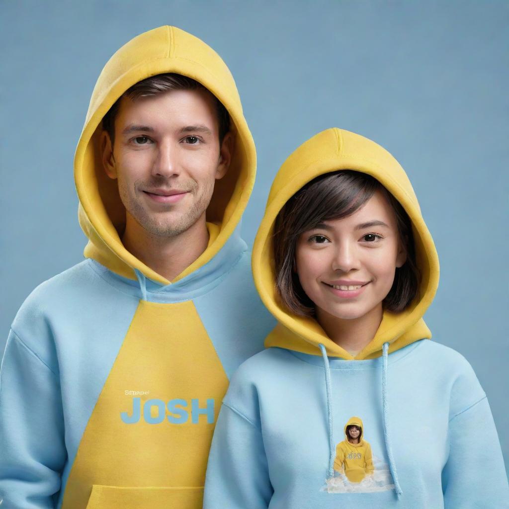 Generate a 3D illustration of a male and female animated character. Both are wearing light blue hoodies, each bearing their name 'Josh' and 'Moni' in yellow text. The background depicts the winter season.