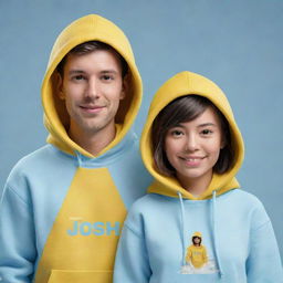 Generate a 3D illustration of a male and female animated character. Both are wearing light blue hoodies, each bearing their name 'Josh' and 'Moni' in yellow text. The background depicts the winter season.