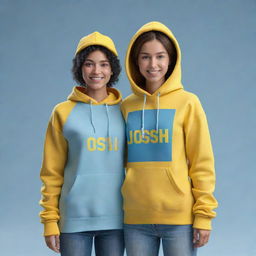 Generate a 3D illustration of a male and female animated character. Both are wearing light blue hoodies, each bearing their name 'Josh' and 'Moni' in yellow text. The background depicts the winter season.