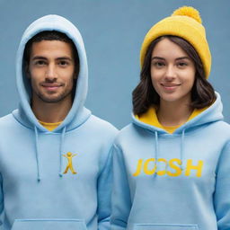 Generate a 3D illustration of a male and female animated character. Both are wearing light blue hoodies, each bearing their name 'Josh' and 'Moni' in yellow text. The background depicts the winter season.