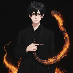 Anime boy dressed in black aesthetic clothes with a snake made of fire.