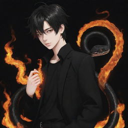 Anime boy dressed in black aesthetic clothes with a snake made of fire.