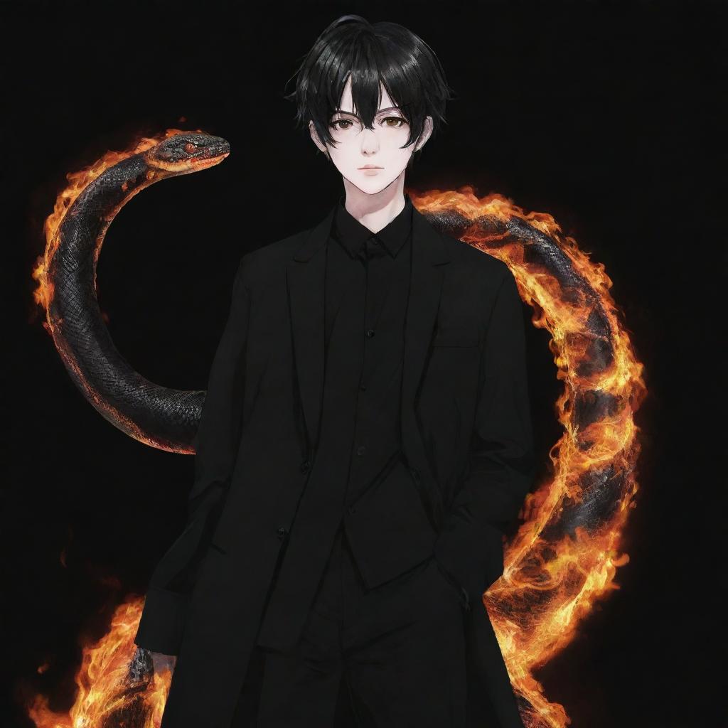 Anime boy dressed in black aesthetic clothes with a snake made of fire.