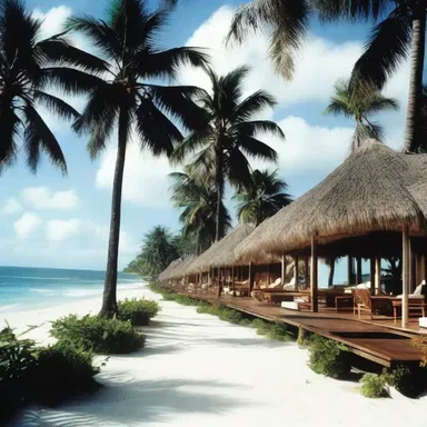 The beachfront resort had a paradisal design with palm trees, white sand, and open-air villas.