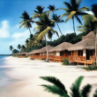 The beachfront resort had a paradisal design with palm trees, white sand, and open-air villas.
