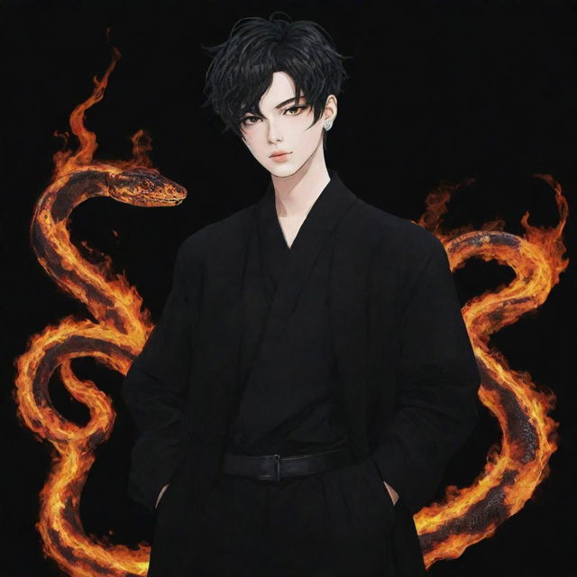 Anime boy dressed in black aesthetic clothes with a snake made of fire.