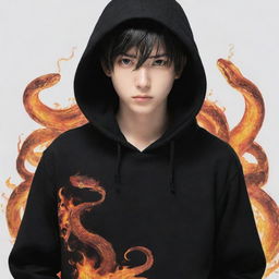 Anime boy wearing a black hoodie with a snake made of fire.