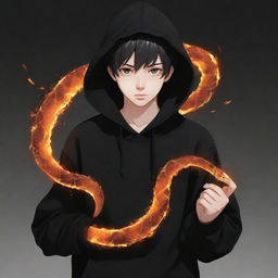 Anime boy wearing a black hoodie with a snake made of fire.