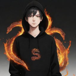 Anime boy wearing a black hoodie with a snake made of fire.