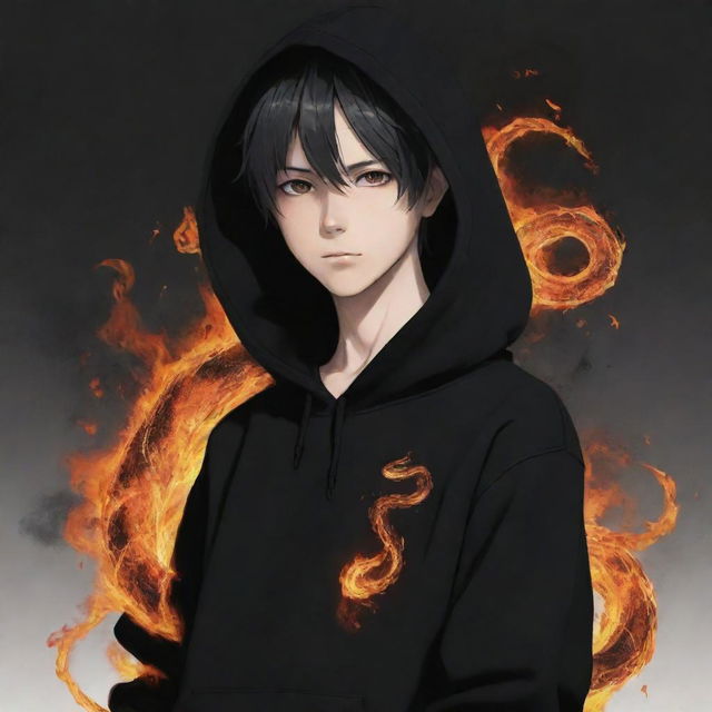 Anime boy wearing a black hoodie with a snake made of fire.