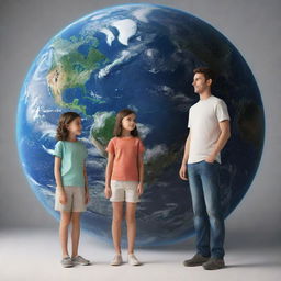 3D illustration of animated characters: an adult boy and girl standing before a large, realistic rendering of Earth.