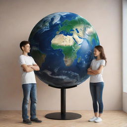 3D illustration of animated characters: an adult boy and girl standing before a large, realistic rendering of Earth.