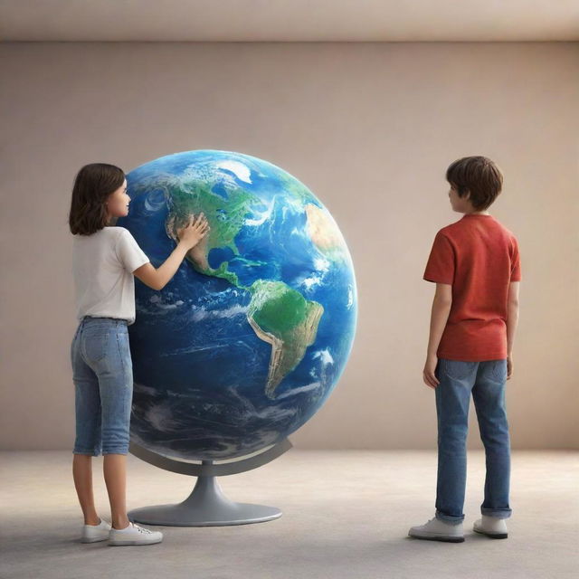 3D illustration of animated characters: an adult boy and girl standing before a large, realistic rendering of Earth.