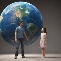 3D illustration of animated characters: an adult boy and girl standing before a large, realistic rendering of Earth.