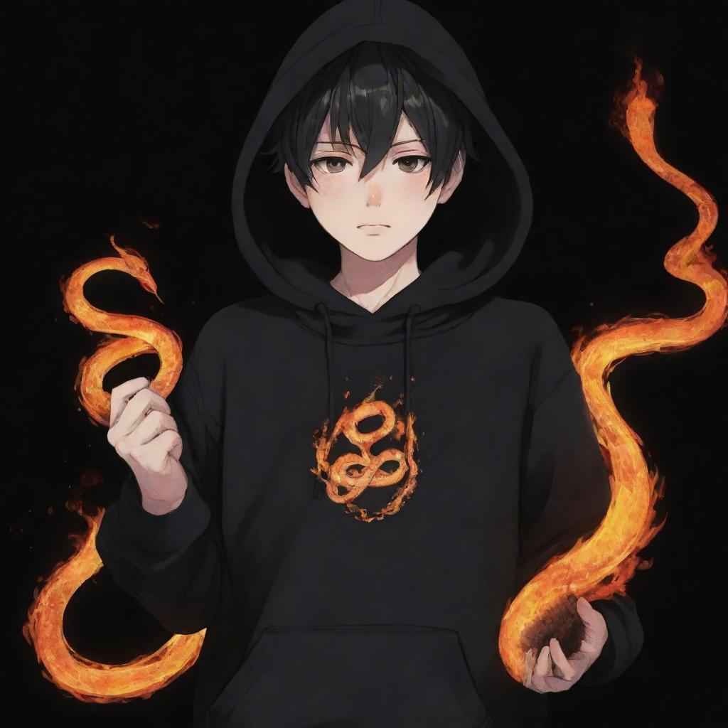 Anime boy wearing a black hoodie holding a snake made of fire.