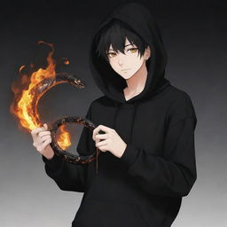 Anime boy wearing a black hoodie holding a snake made of fire.