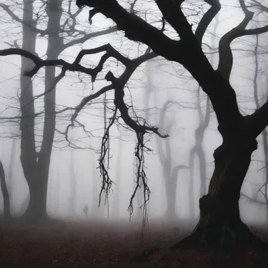 In the dark forest, she stumbled upon a rotting tree with its branches hanging down like skeletal fingers.