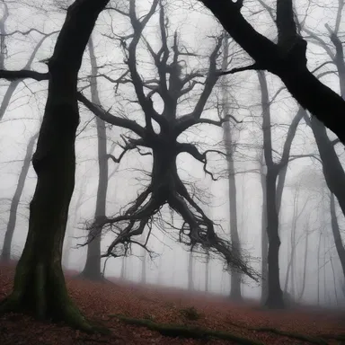 In the dark forest, she stumbled upon a rotting tree with its branches hanging down like skeletal fingers.