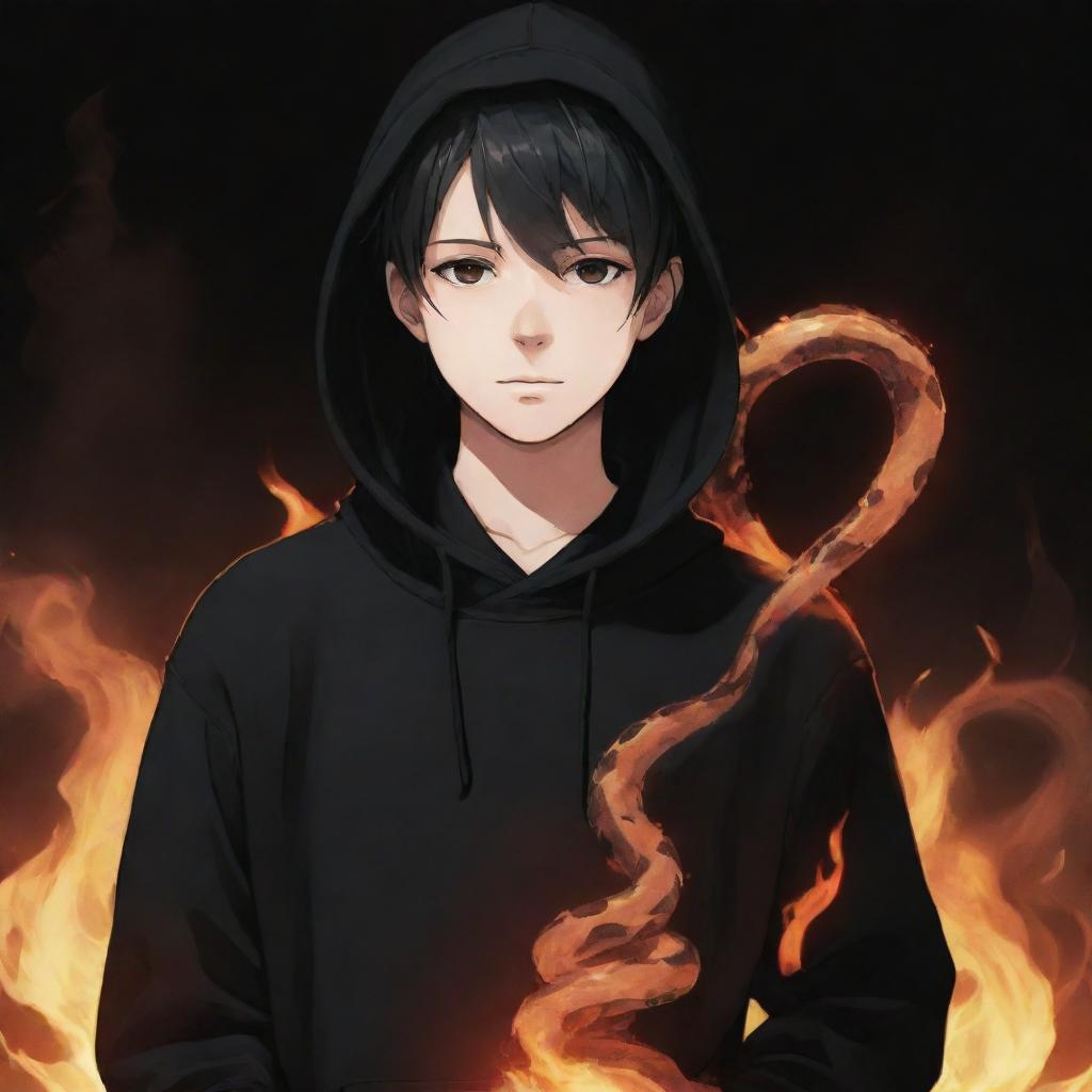 Anime boy wearing a black hoodie holding a snake made of fire.