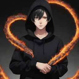 Anime boy wearing a black hoodie holding a snake made of fire.