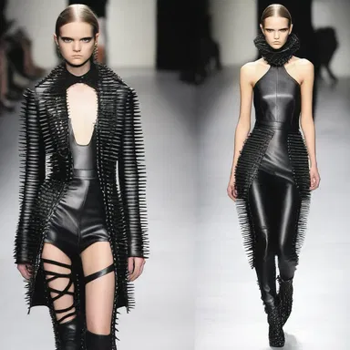 The runway model showcased an edgy outfit that combined leather and spikes.