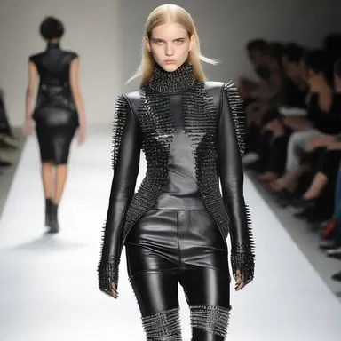 The runway model showcased an edgy outfit that combined leather and spikes.