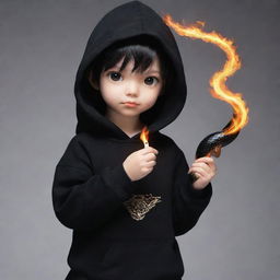 Little anime boy dressed in a black hoodie, holding a fire-formed snake.