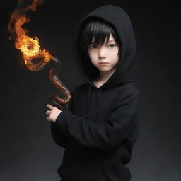 Little anime boy dressed in a black hoodie, holding a fire-formed snake.