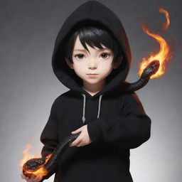 Little anime boy dressed in a black hoodie, holding a fire-formed snake.