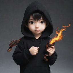 Little anime boy dressed in a black hoodie, holding a fire-formed snake.