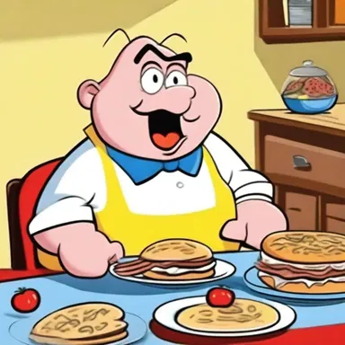 The cartoon character's immoderate appetite was always a source of humor.
