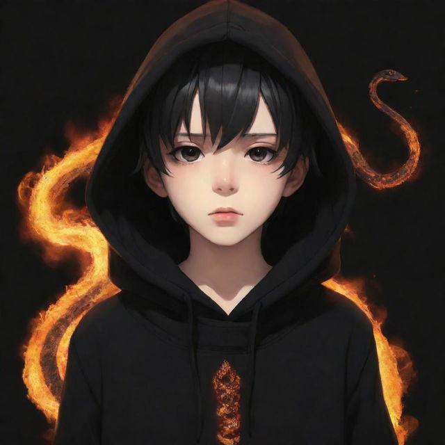 Little anime boy wearing a black hoodie with a snake made of fire coiled around his neck.