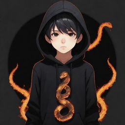 Little anime boy wearing a black hoodie with a snake made of fire coiled around his neck.