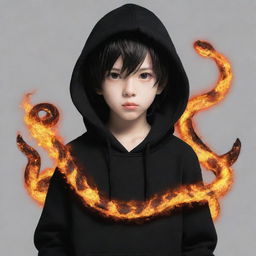 Little anime boy wearing a black hoodie with a snake made of fire coiled around his neck.