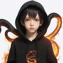 Little anime boy wearing a black hoodie with a snake made of fire coiled around his neck.