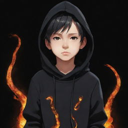 Anime little boy dressed in a black hoodie with a fire-formed snake wrapped around his neck.