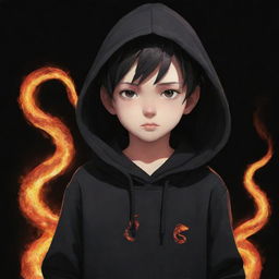 Anime little boy dressed in a black hoodie with a fire-formed snake wrapped around his neck.