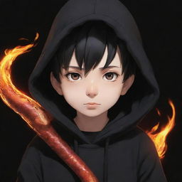 Anime little boy dressed in a black hoodie with a fire-formed snake wrapped around his neck.